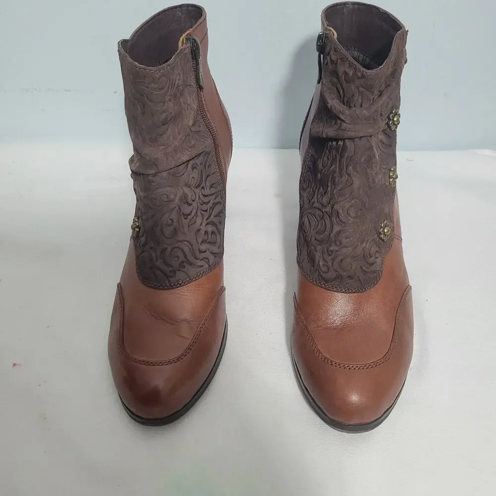 L'Artiste Belgard Bootie In Brown Hand Painted Leather & Embossed Suede Size 41 - Picture 1 of 7